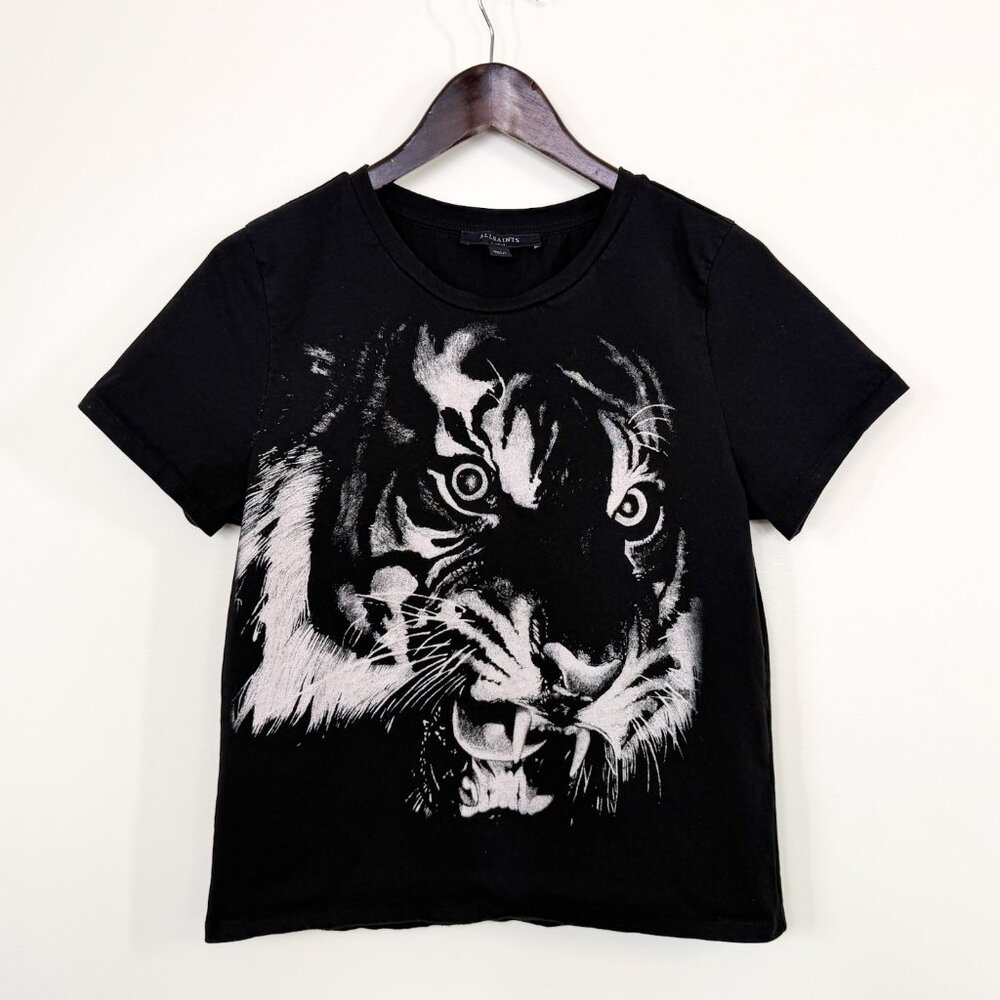 AllSaints Women’s L Tiger Graphic Organic Cotton T-Shirt Black (Fitted Cut)